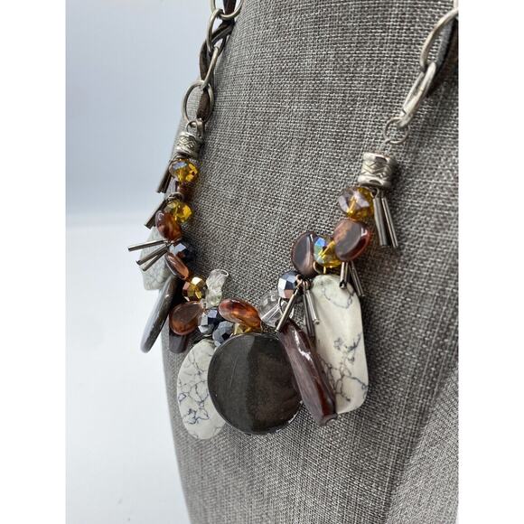Laura Ashley Chain Leather Cord Statement Necklace Dangle Beads Marble Crystals - Picture 1 of 10